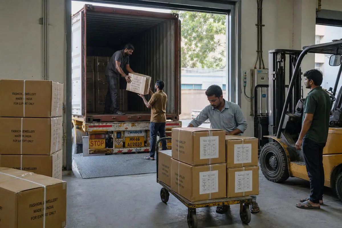 Workers loading fashion jewellery export cartons onto a truck at Indian warehouse dock