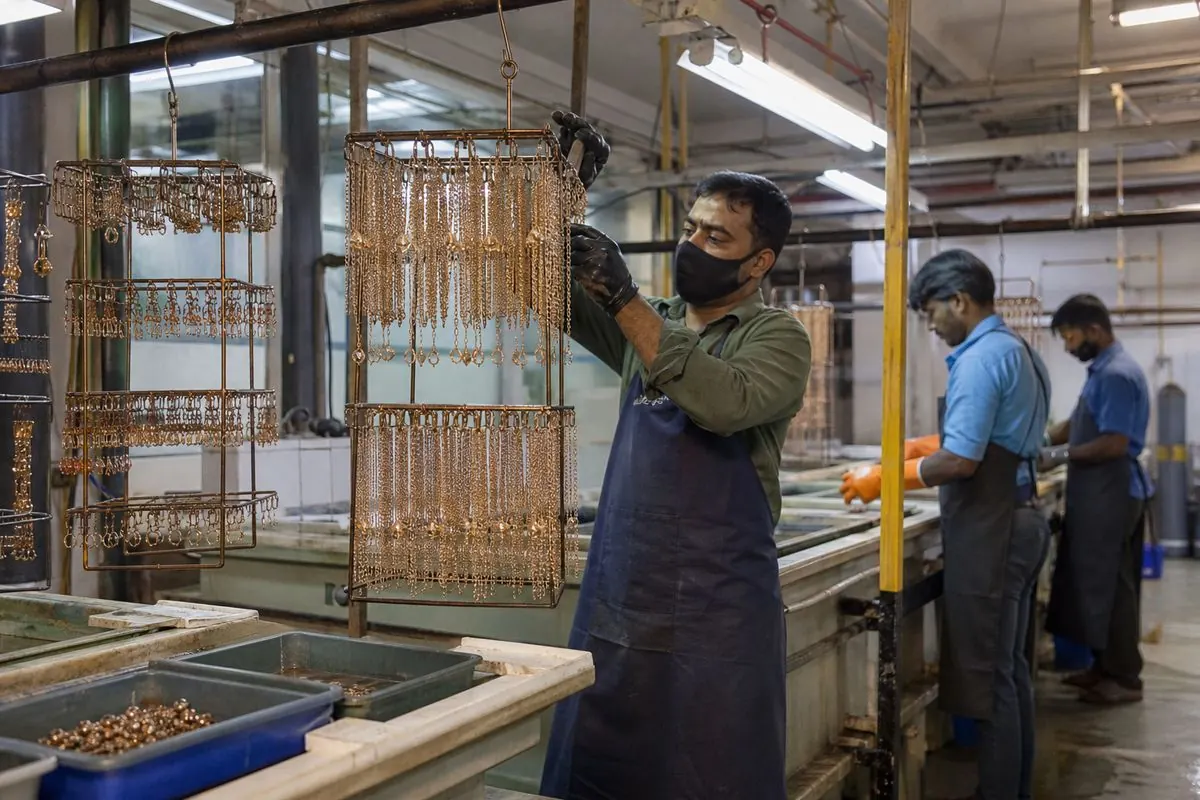 Base-metal fashion jewellery electroplating and finishing line in an Indian manufacturing workshop