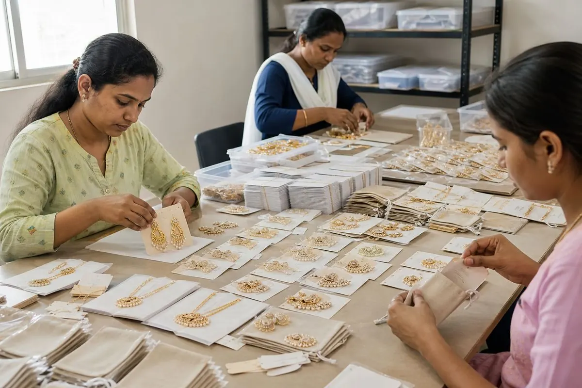 Workers packing Indian fashion jewellery onto earring cards and into pouches with hangtags for retail export