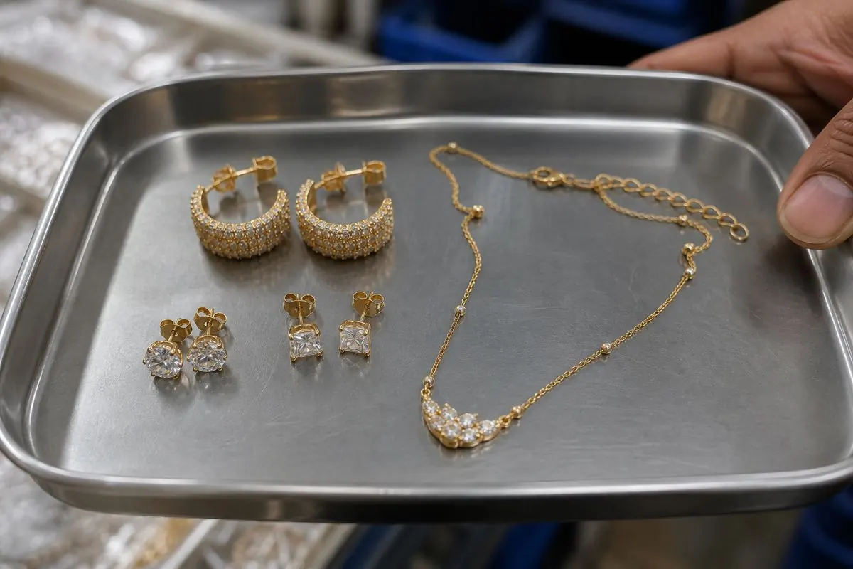 Close-up of Indian export gold-plated fashion earrings and necklace on stainless inspection tray for HS 7117 shipment