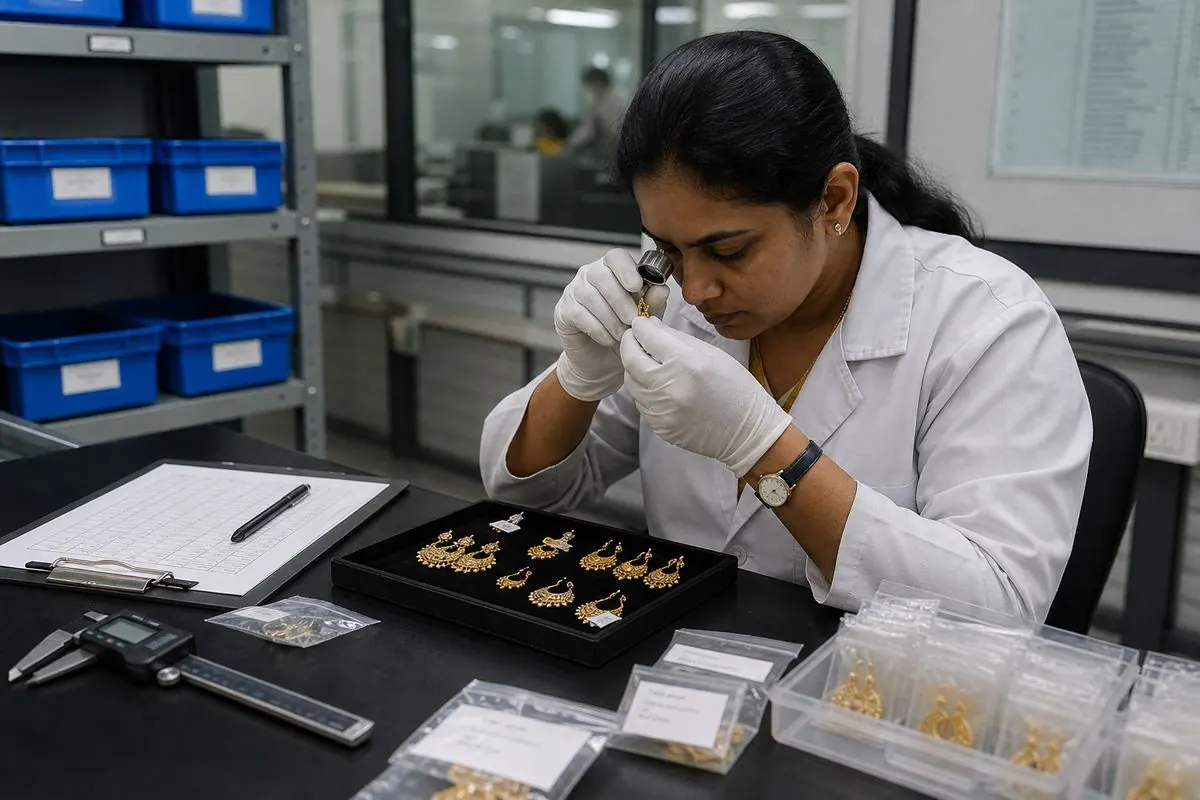 Quality technician inspecting gold-plated fashion jewellery with loupe and nickel-release sample tags
