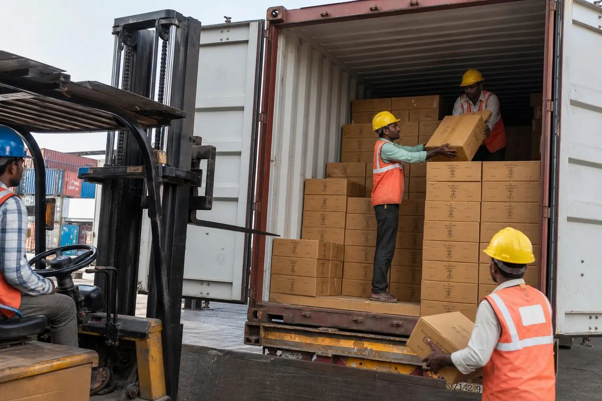 FCL container stuffing of incense stick master cartons at an Indian export port