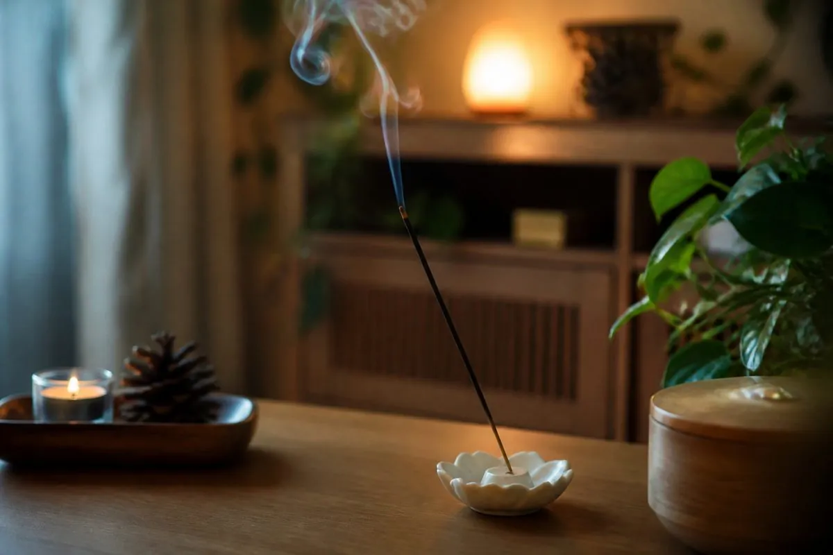 Lit Indian agarbatti incense stick in a ceramic holder with soft smoke in a calm home setting