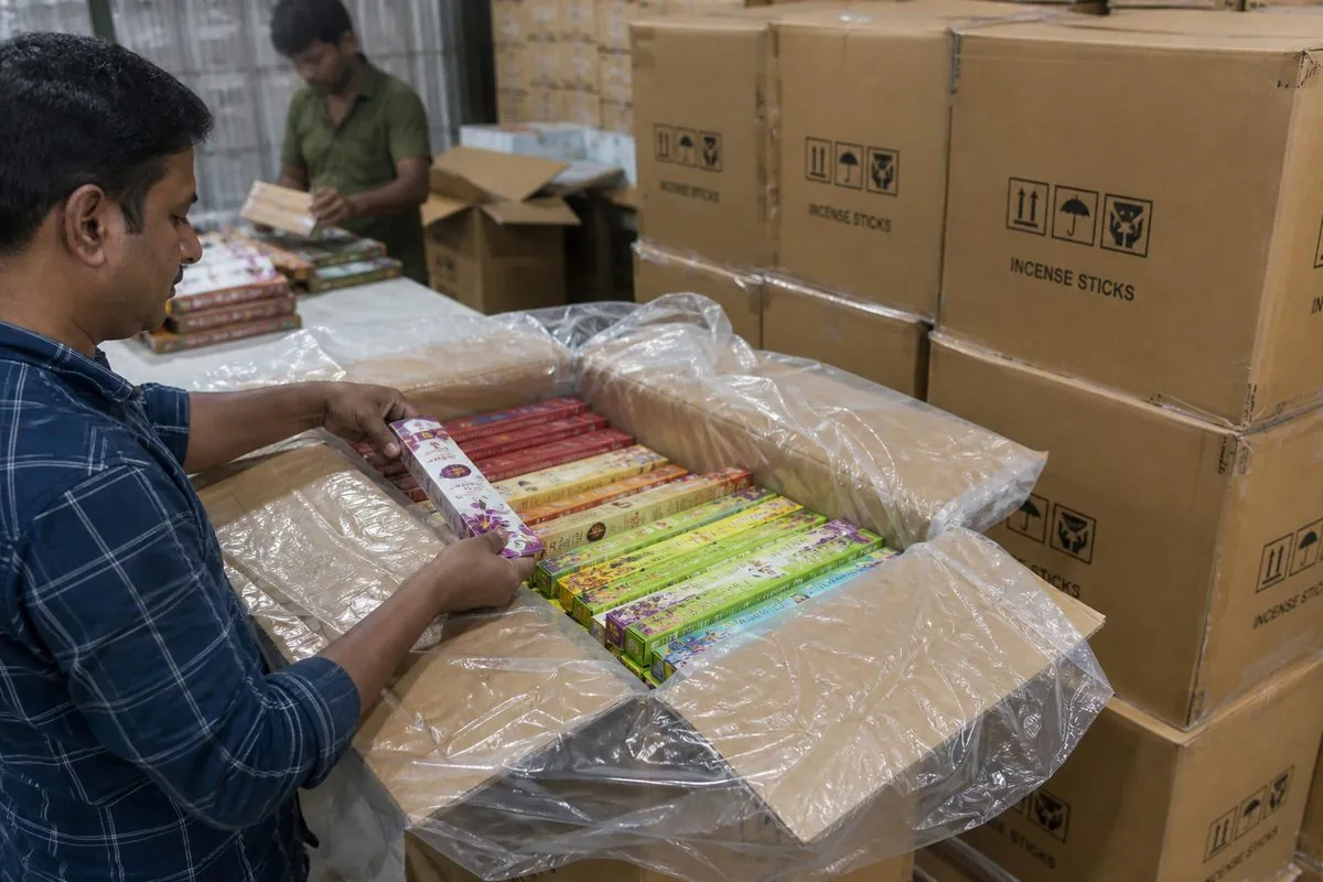 Hex boxes of incense sticks packed into corrugated master cartons for ocean export from India