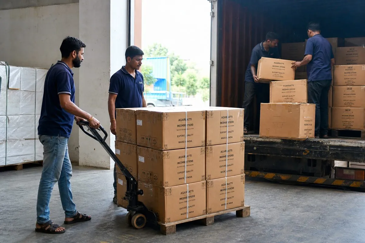Workers loading incense stick export cartons onto a truck at an Indian warehouse dock