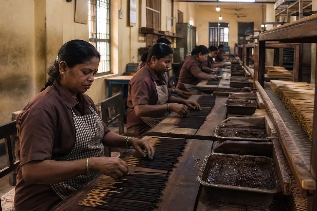 Workers hand-rolling masala incense sticks at long benches in a Mysuru-style agarbatti factory