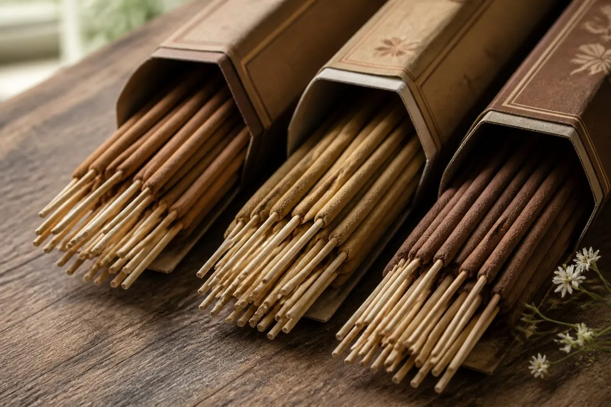 Close-up of Indian masala agarbatti incense sticks in open hexagonal retail boxes on wood