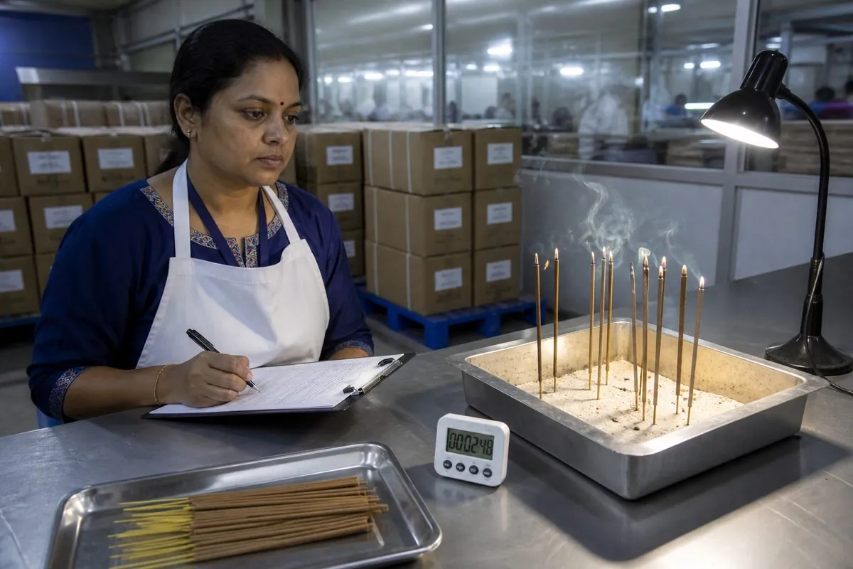 Quality inspector timing burn test of lit agarbatti sticks with clipboard and digital timer