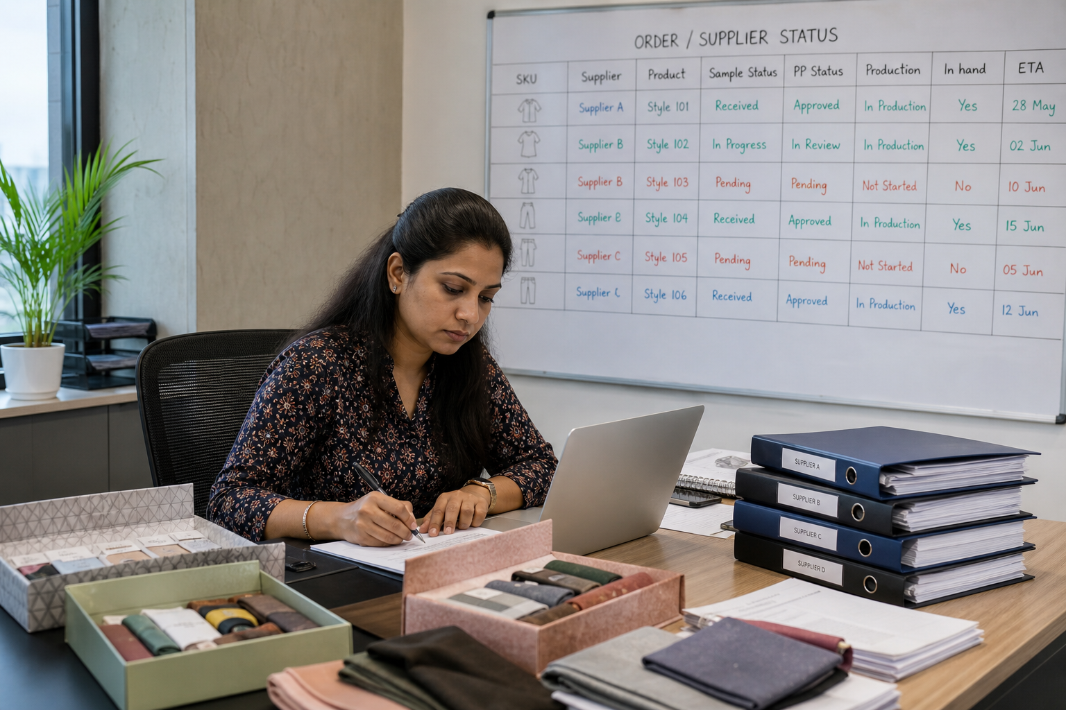 Coordinator tracking supplier status for a small business sourcing remotely from India