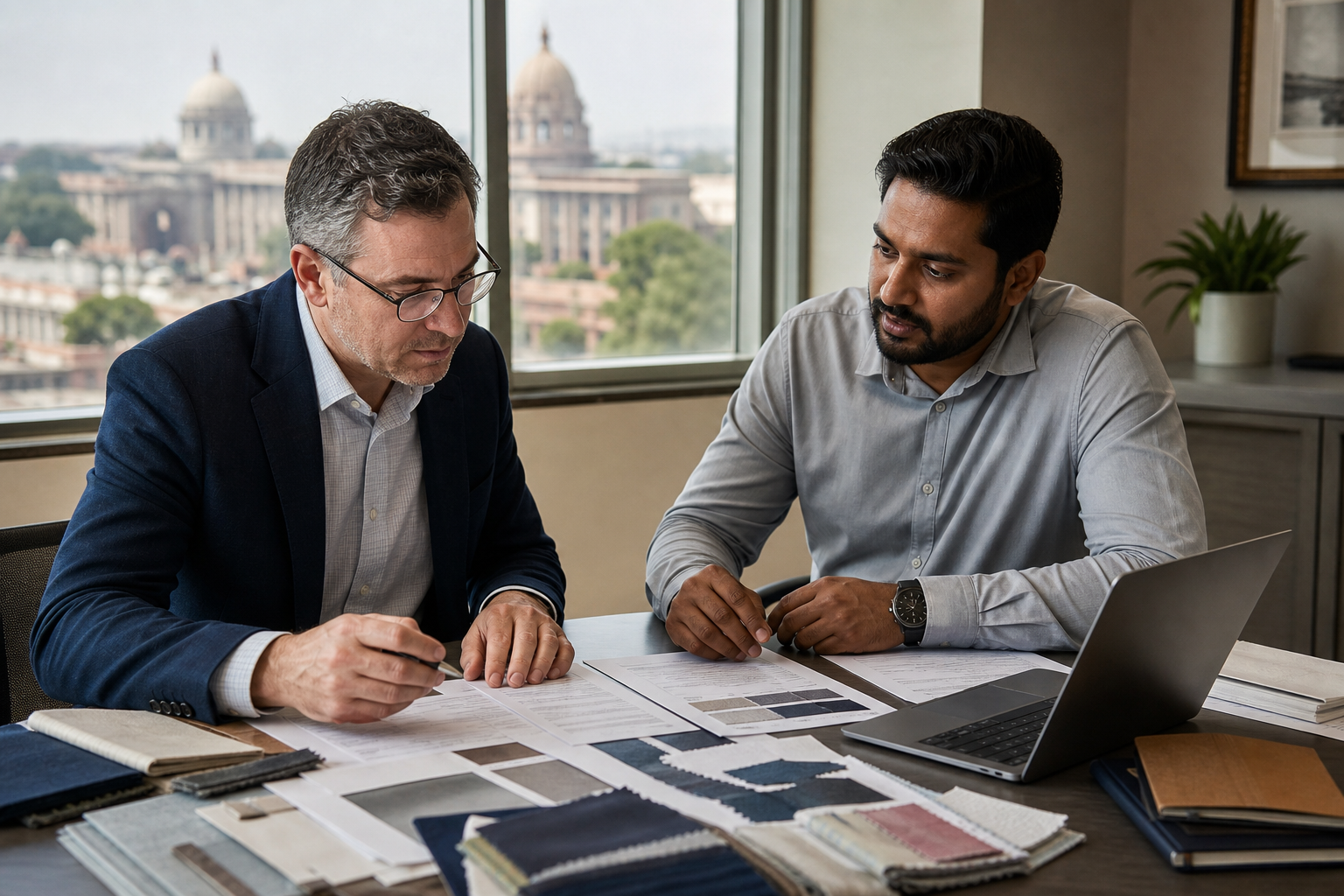 International buyer and India sourcing partner reviewing product specifications and supplier comparison notes