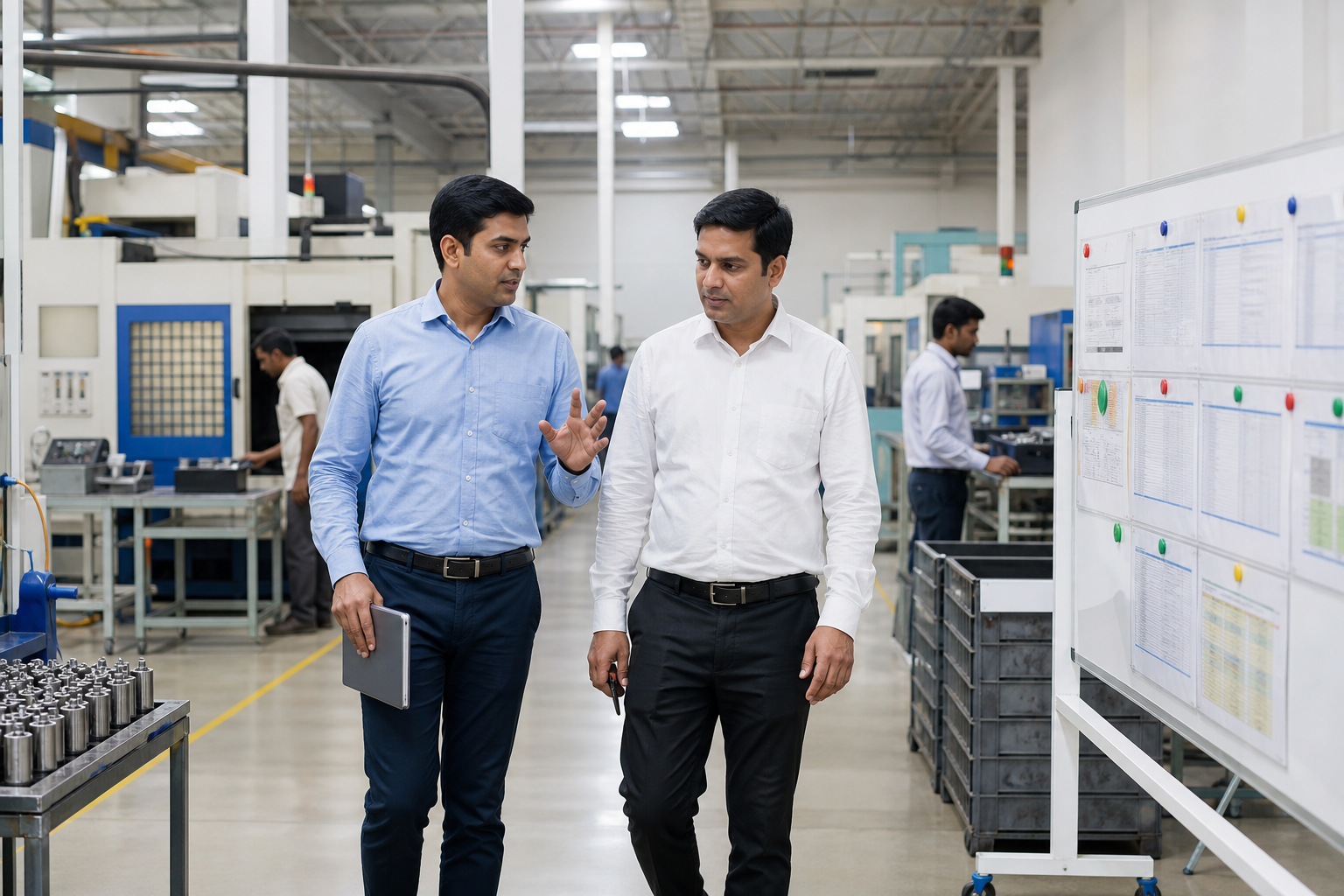 Sourcing professional verifying an Indian manufacturer during a factory walkthrough