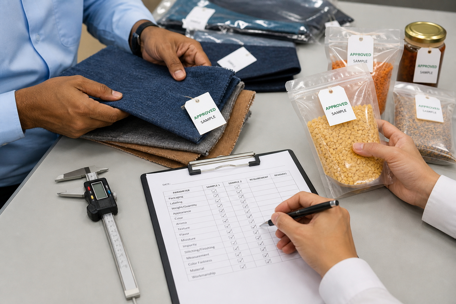 Hands evaluating product samples against specifications during India sourcing QC review