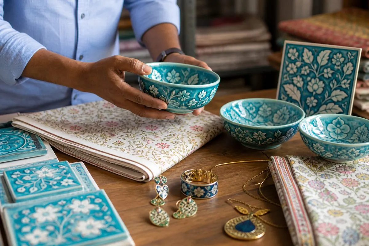 Close-up of Jaipur blue pottery bowls, Sanganeri block-print textile, and meenakari enamel jewellery for export