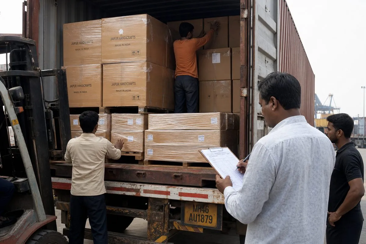 Forklift stuffing palletized Jaipur handicraft cartons into an ocean container for FCL export via Mundra