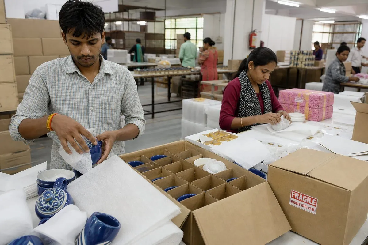 Workers packing Jaipur blue pottery into cell-divider cartons with corner protection for export