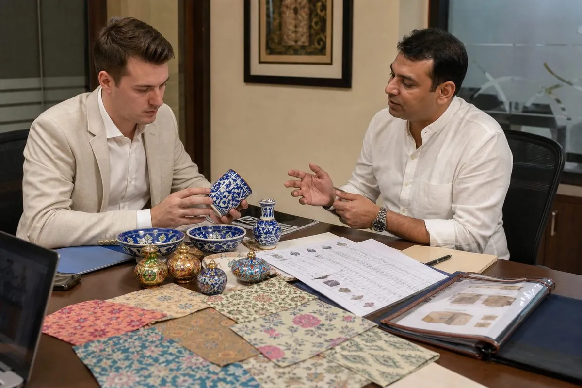International buyer reviewing Jaipur blue pottery, Sanganeri print, and meenakari samples with a merchant exporter
