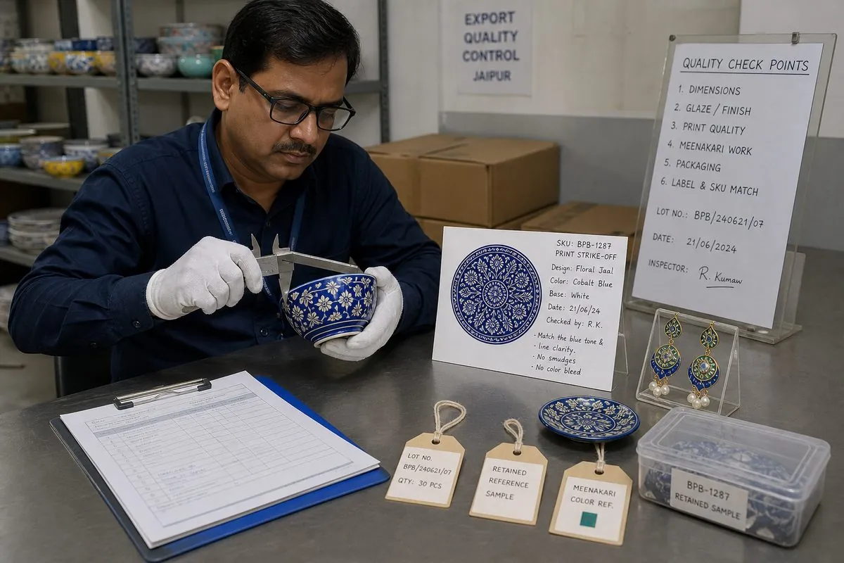 Export quality inspector checking Jaipur blue pottery glaze, print strike-off, and meenakari samples against a SKU card