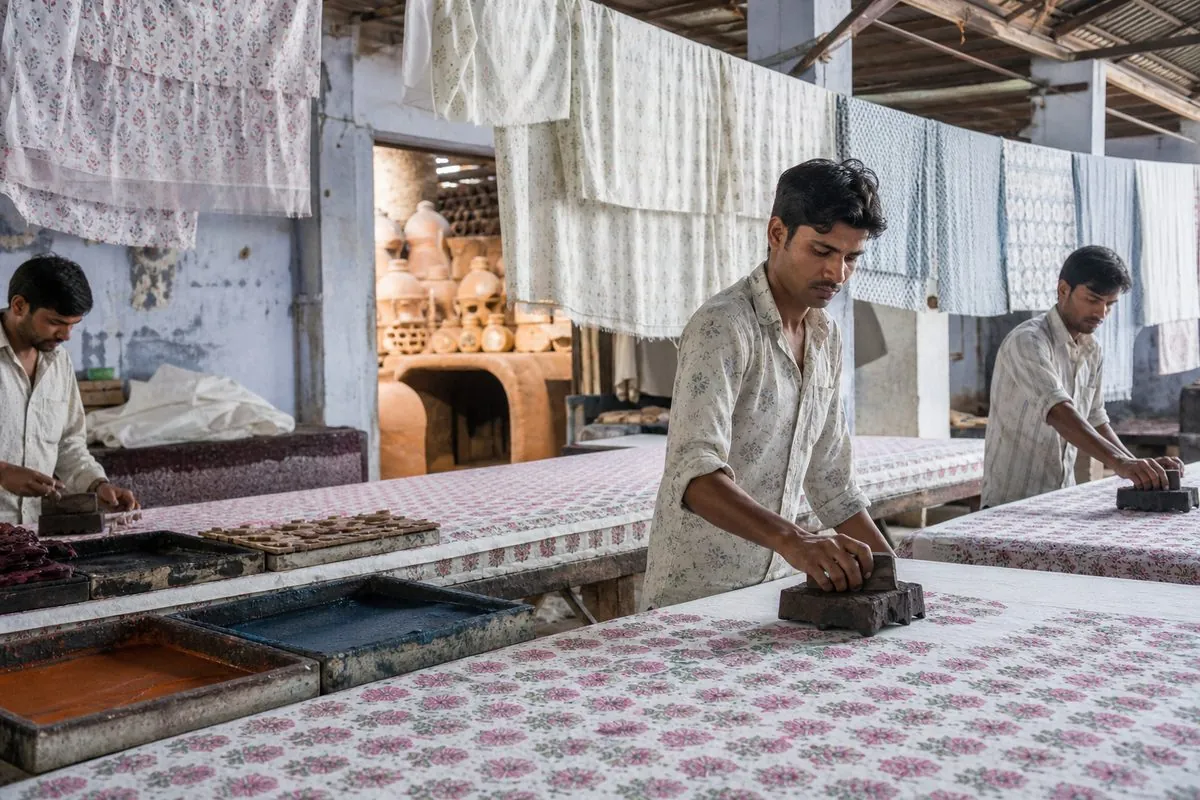 Artisans hand block printing Sanganeri cotton textiles in a Jaipur craft workshop for export orders