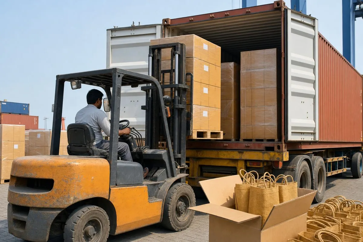 Forklift stuffing palletized jute bag cartons into an ocean shipping container for FCL export from India