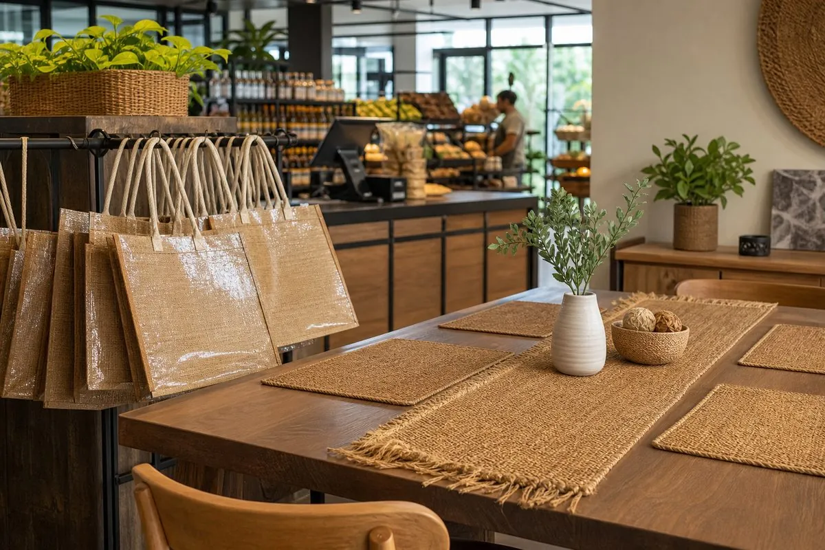 Indian jute shopping totes placemats and table runner styled for eco retail and home specialty display