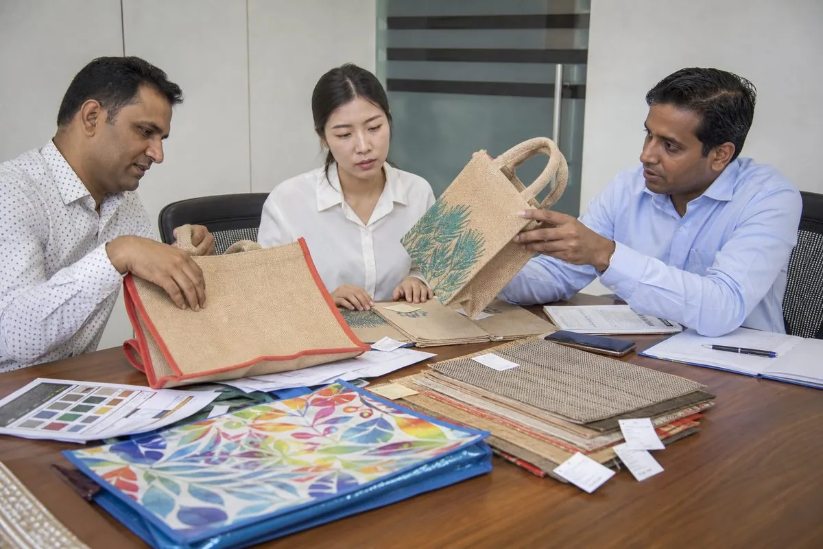International buyer reviewing Indian jute bag samples with export specification sheets at a B2B sourcing meeting
