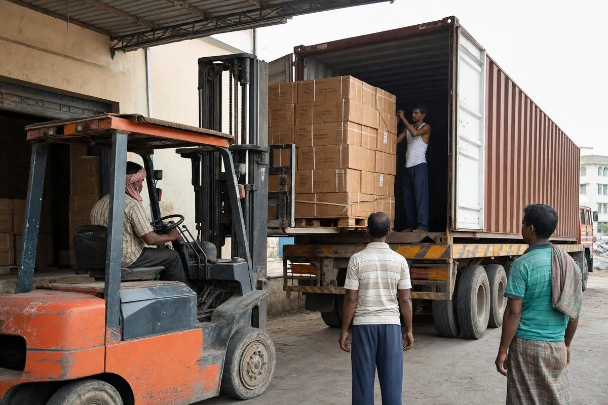 Forklift loading palletized Indian jute handicraft cartons onto an export freight truck at a warehouse dock