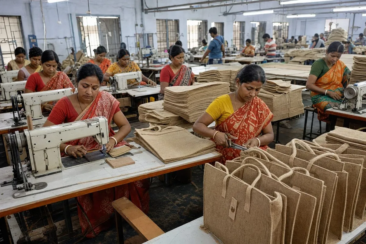 West Bengal artisans cutting and stitching natural jute shopping bags on industrial sewing lines for export