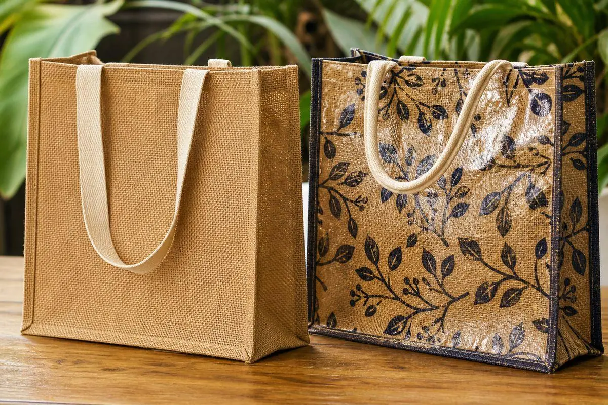 Close-up of Indian jute shopping bags showing natural hessian weave and laminated printed tote with cotton webbing handles