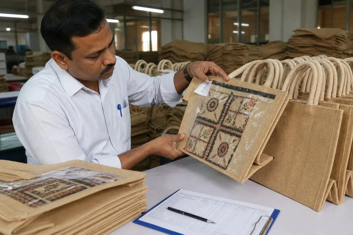 Export quality inspector checking stitch strength handle pull and laminate adhesion on Indian jute shopping bags