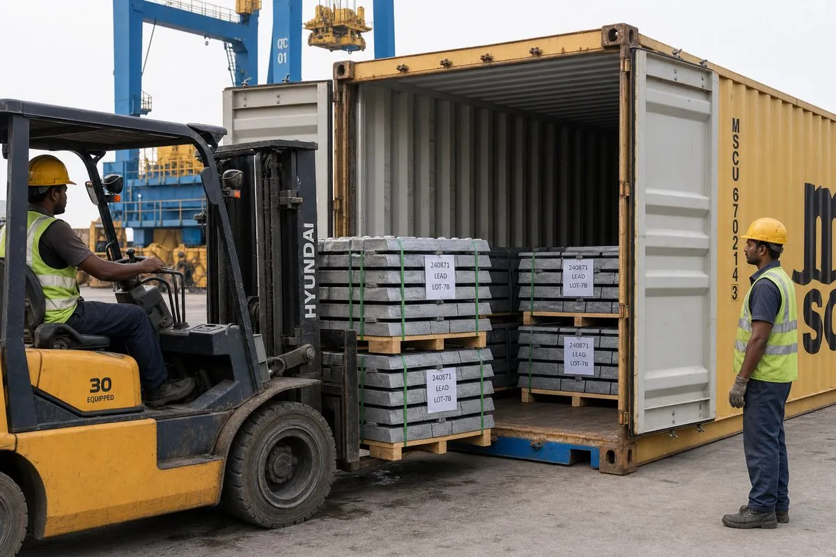 Workers stuffing palletized lead pig bundles into a shipping container for FCL lead metal export from India