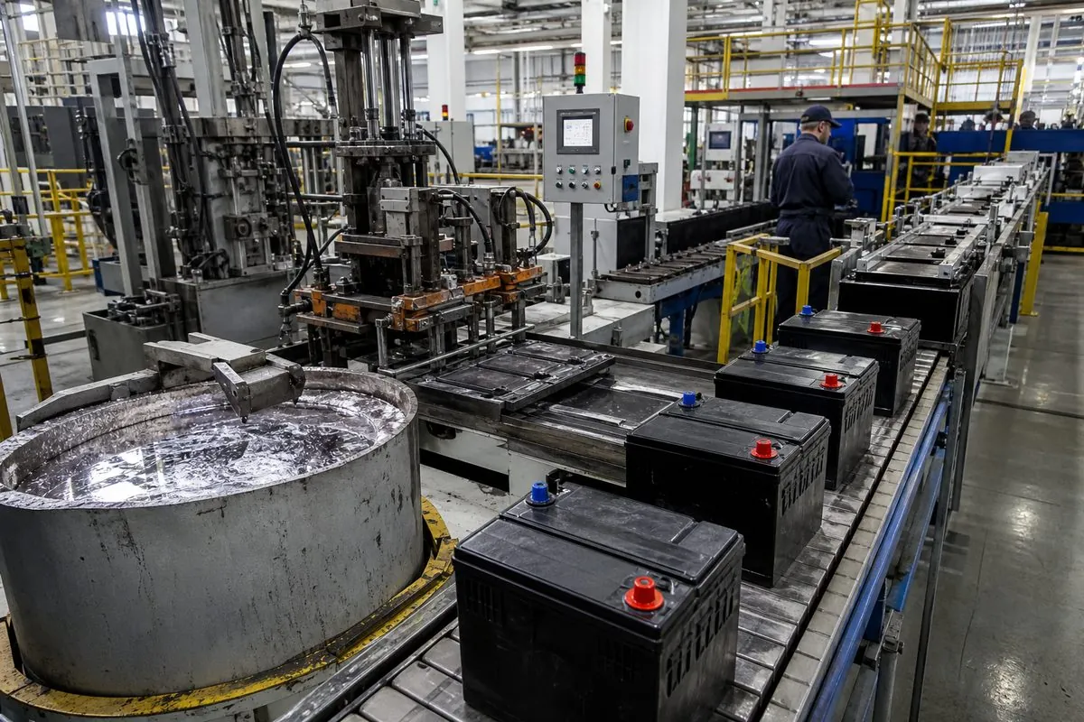 Lead-acid battery manufacturing line using refined and antimonial lead feedstock for grid and plate casting