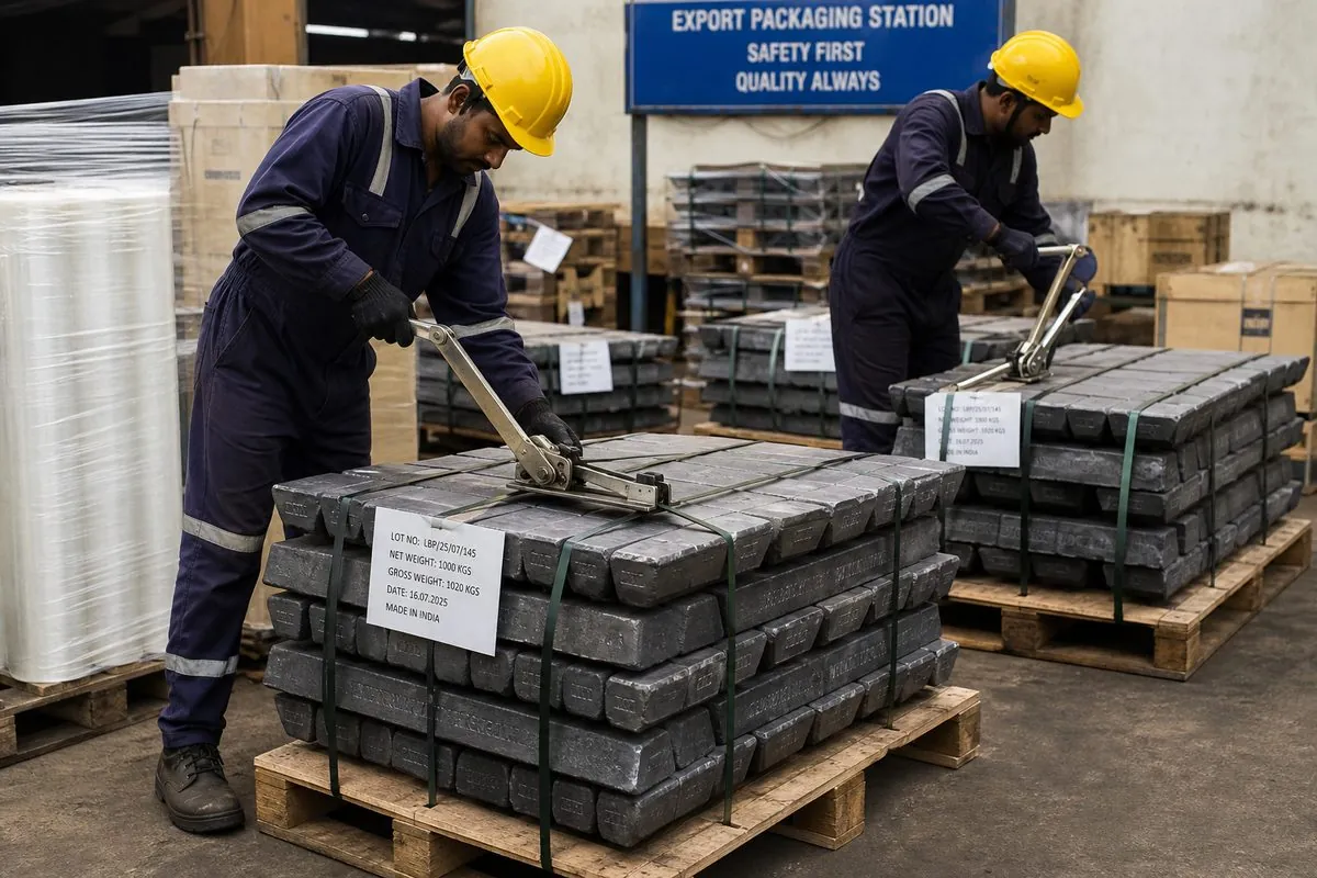 Workers strapping dull-grey lead pig bundles on wooden pallets with lot tags for ocean-freight export packaging