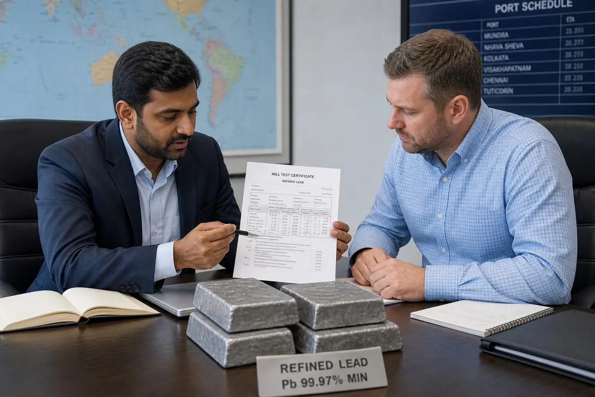 International lead buyer and Indian merchant exporter reviewing mill test certificates with lead pig samples