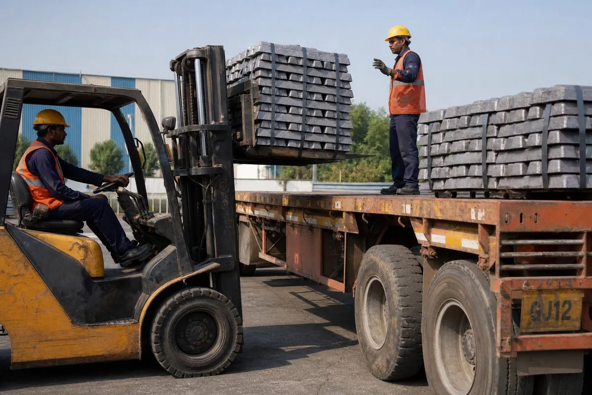Forklift loading palletized lead pig bundles onto a truck for inland haul to an Indian export port