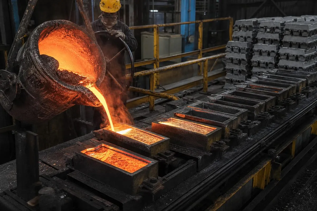 Molten lead poured into pig molds on an Indian secondary smelter casting line producing unwrought lead ingots