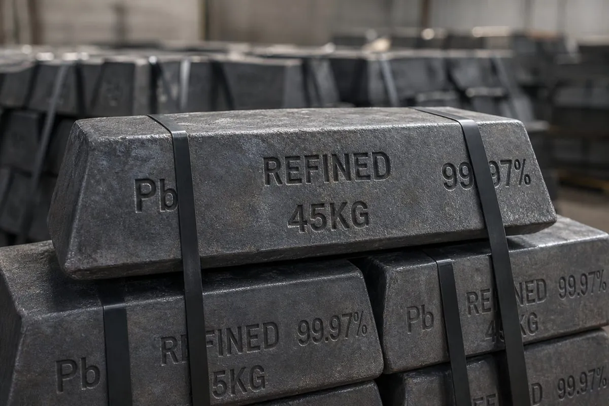 Close-up of refined soft lead pigs stamped Pb 99.97% and 45KG, strapped for Indian export