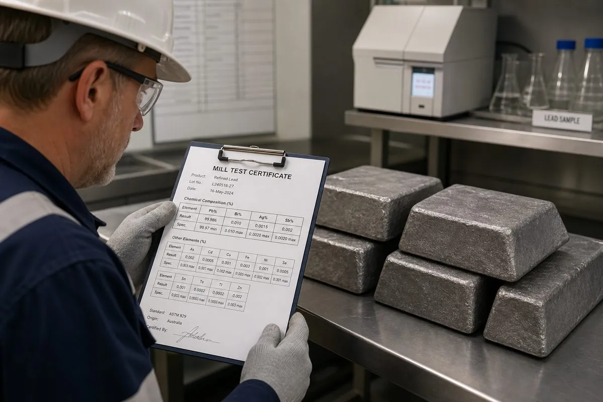 Quality inspector reviewing Mill Test Certificate chemistry beside refined lead pig samples for export assay