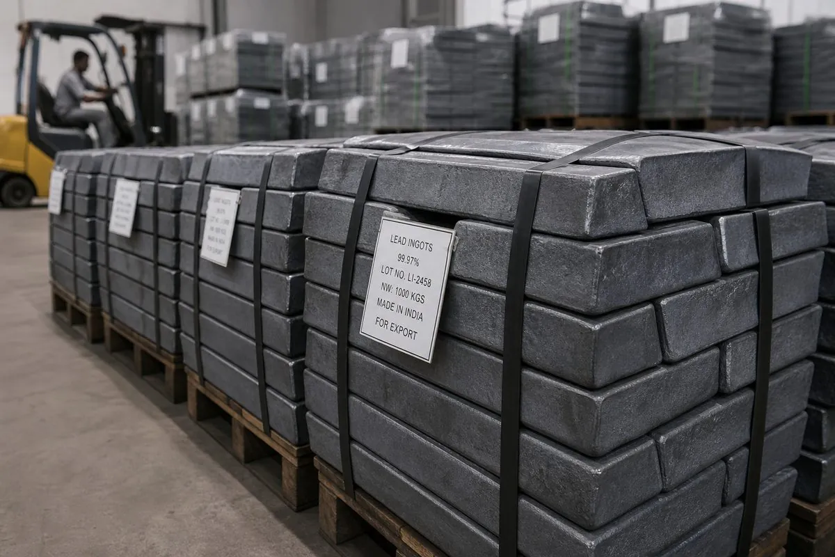 Palletized strapped lead pig bundles staged in a dry Indian export warehouse aisle before port loading