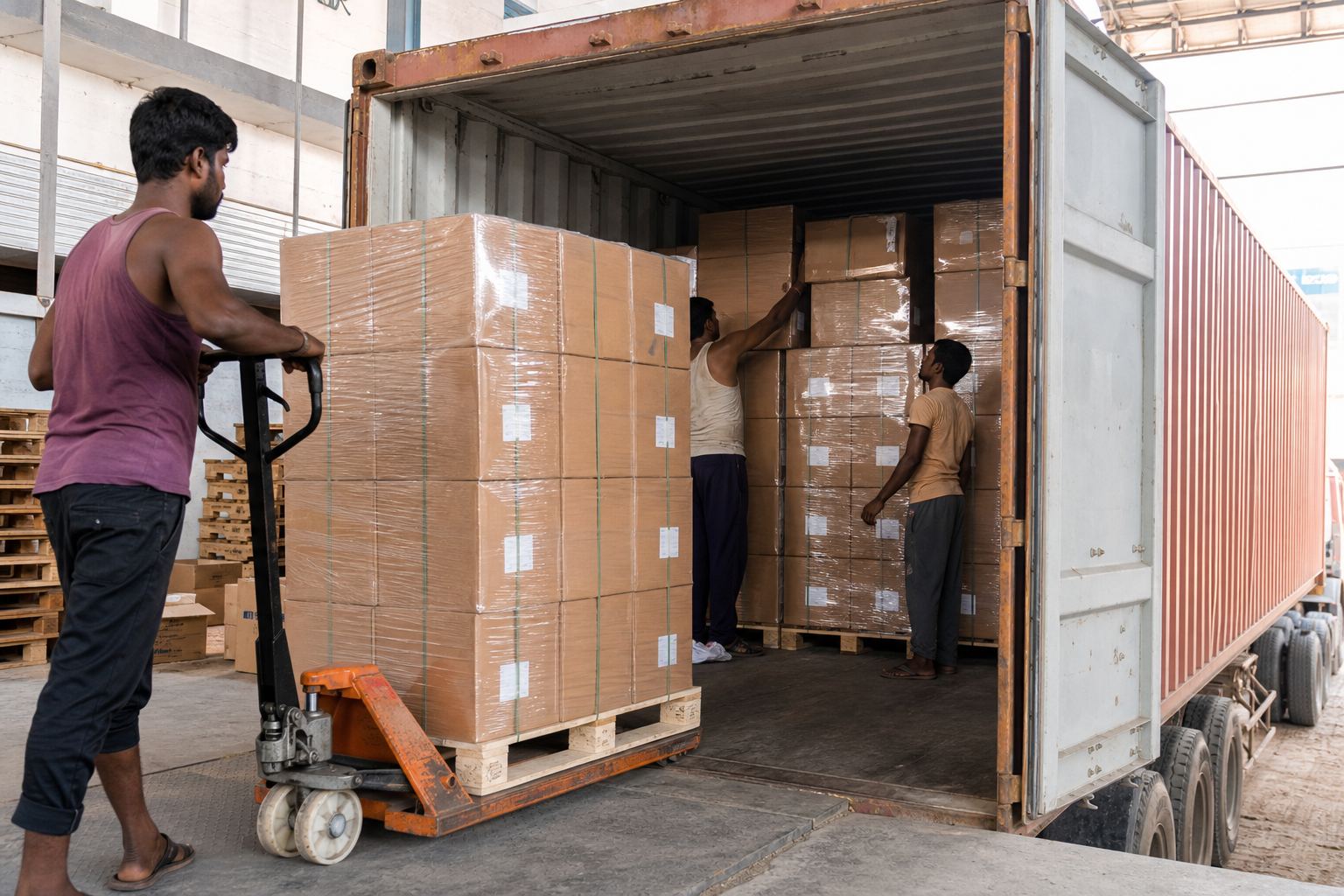 Workers stuffing palletised master cartons of leather bags into a 40-foot shipping container for FCL export