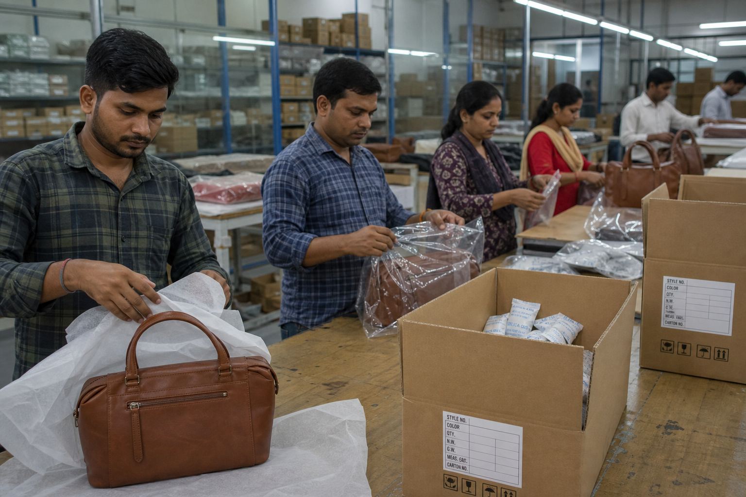 Export packing line wrapping finished leather handbags in tissue and placing them into corrugated master cartons with silica gel
