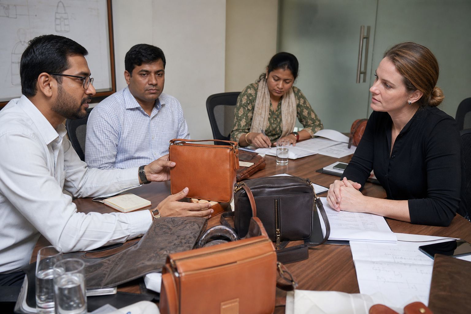 International buyer and Indian exporter reviewing sample leather handbags and shipping documents at a sourcing meeting