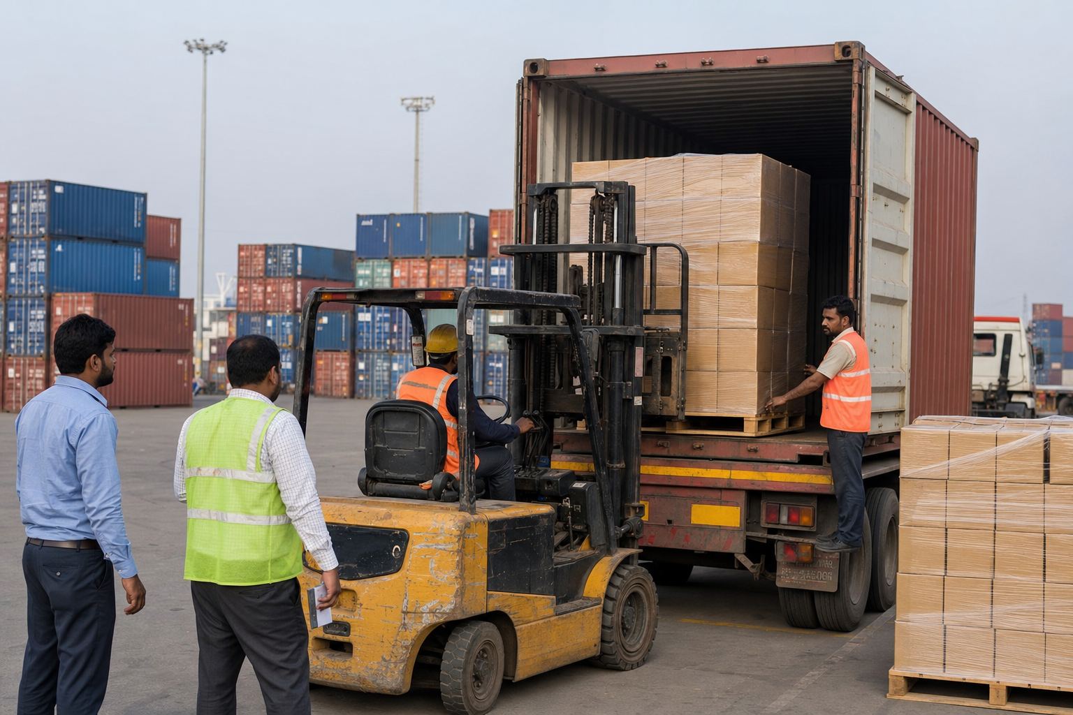 Truck loading palletised leather bag cartons at an Indian port CFS with shipping containers in the background