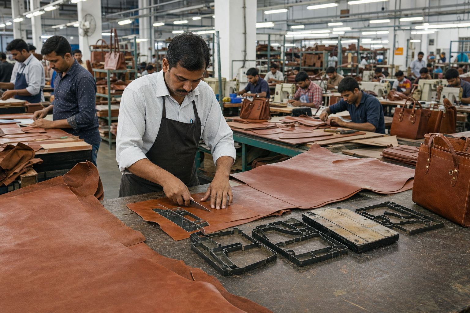 Workers cutting and stitching leather panels for handbags and totes on an Indian leather bag export factory line