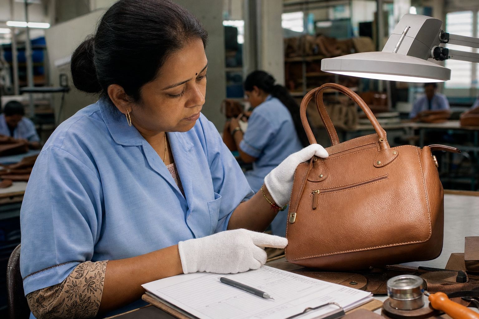 Quality inspector checking stitching, zipper, hardware, and edge paint on a brown leather handbag against a buyer specification sheet
