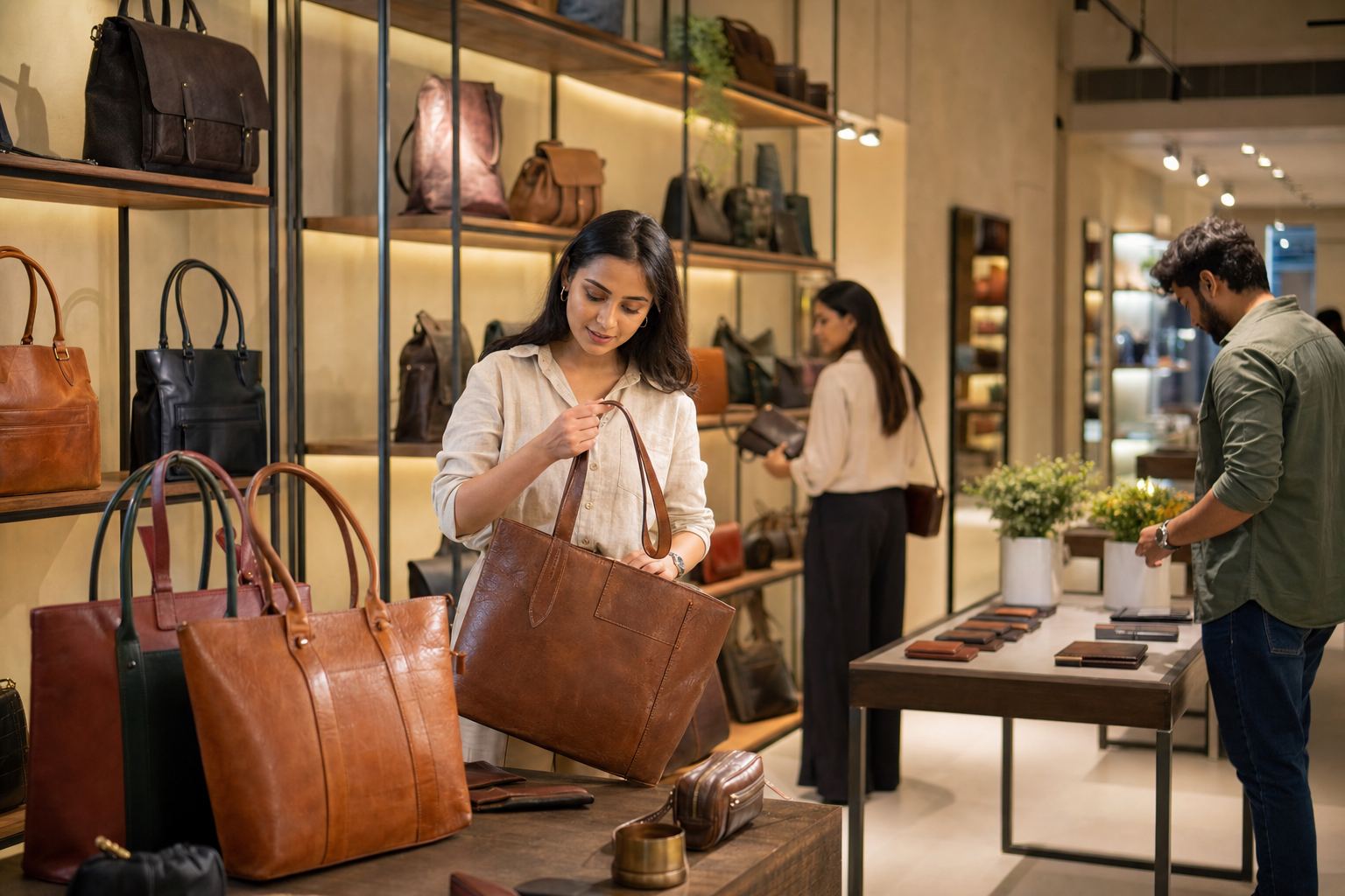 Leather handbags and tote bags displayed in a modern retail boutique as end-use application of Indian leather bag exports