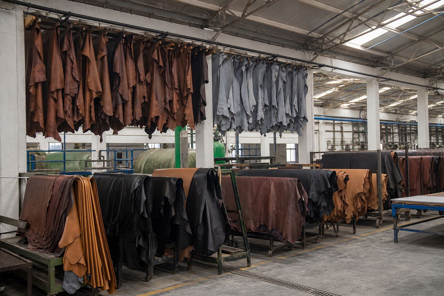 Finished leather hides hanging in an Indian tannery supplying LWG-linked leather for handbag and tote manufacturing