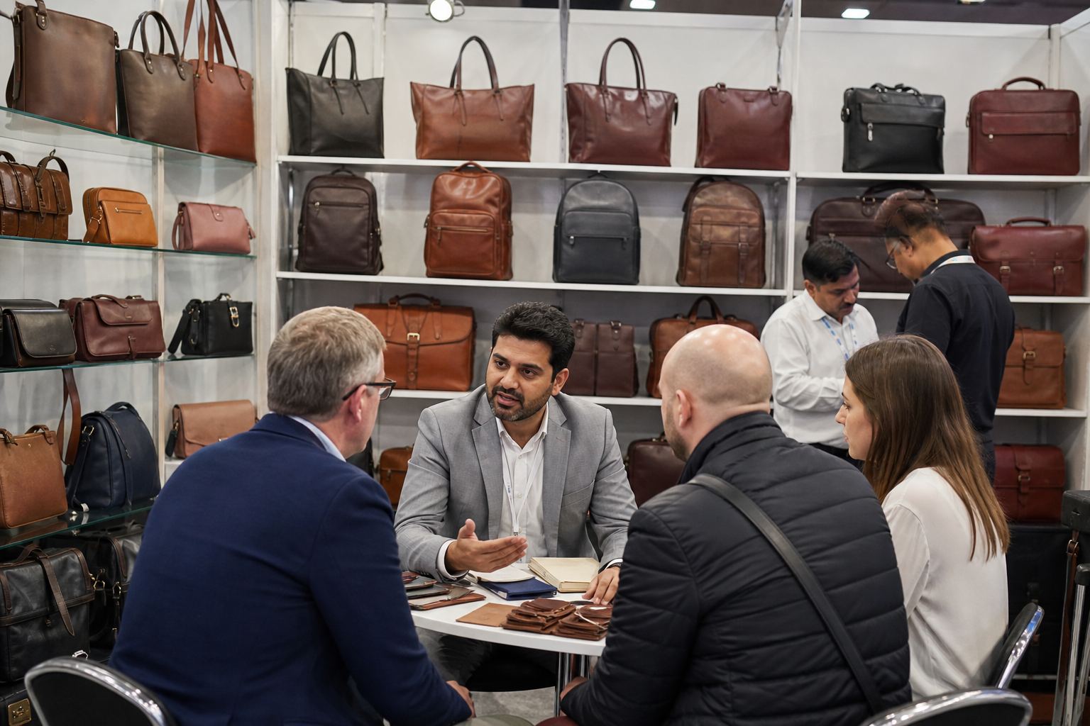 Indian leather bag exporter presenting handbags, totes, backpacks, and briefcases to international buyers at a trade fair booth