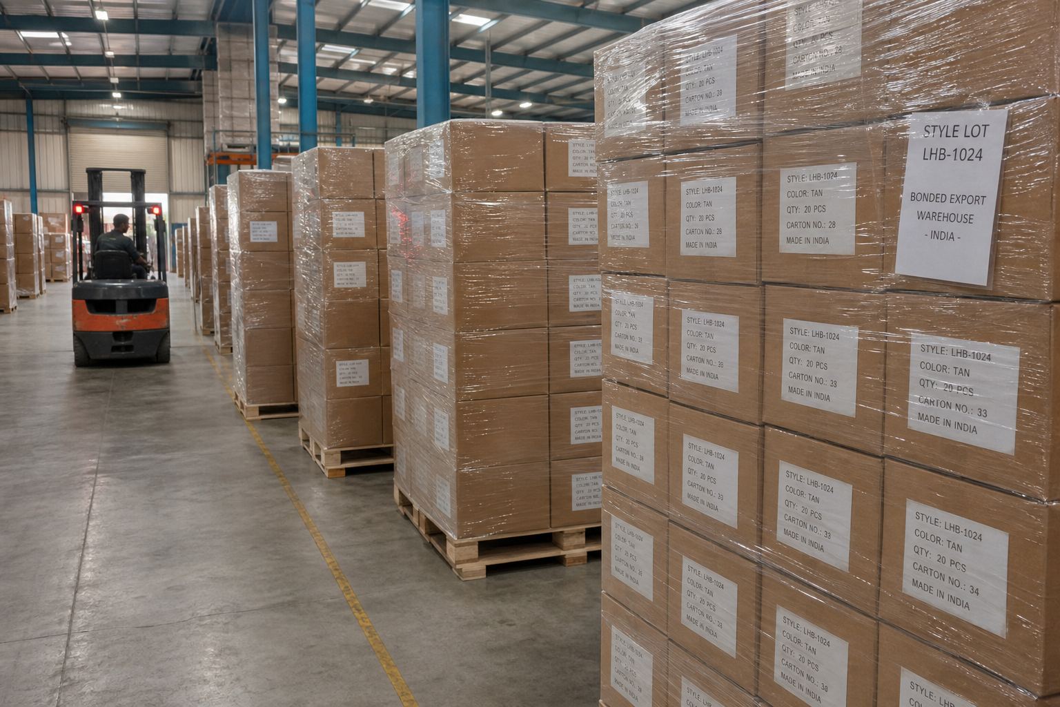 Palletised master cartons of leather handbags stored in an Indian export warehouse before container loading