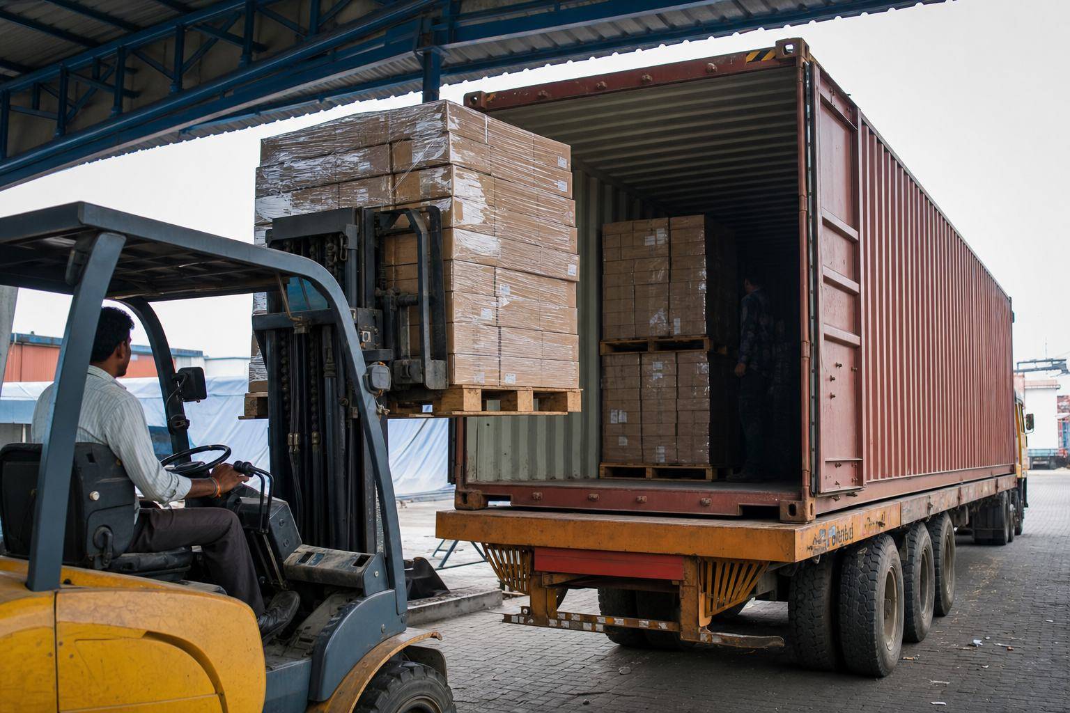 Workers stuffing palletised master cartons of leather shoes into a 40-foot high cube shipping container for FCL export