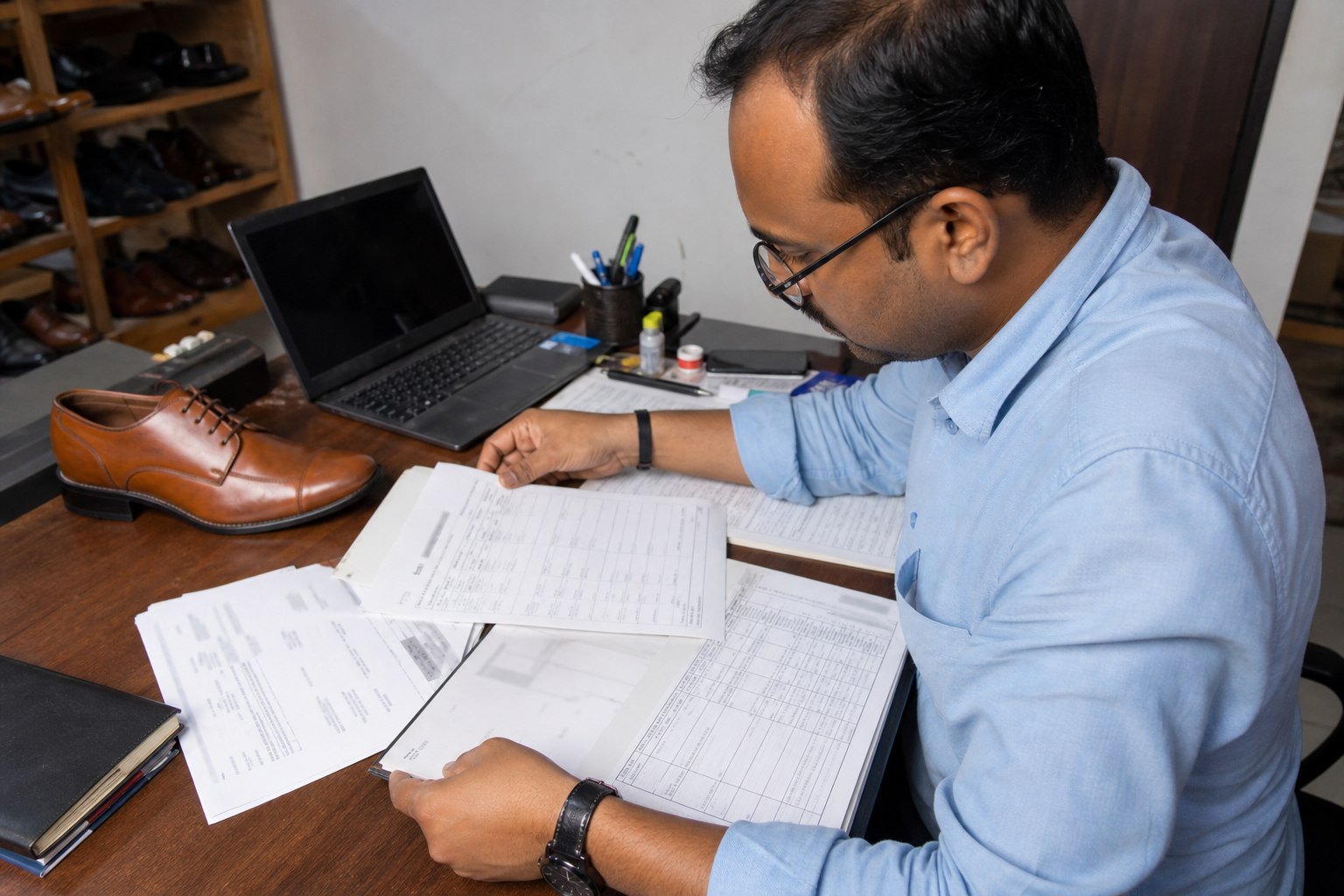 Export documentation officer reviewing leather footwear commercial invoice, packing list, and test reports